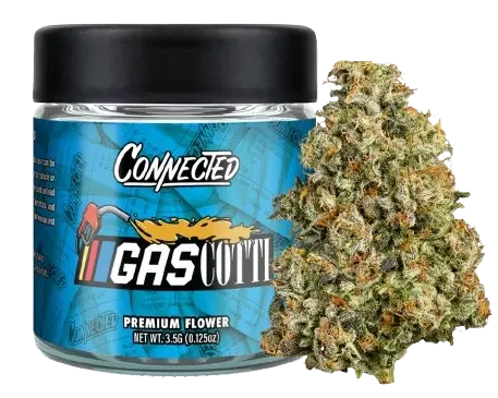 A glass jar of Connected Gascotti premium flower, one of our budtenders picks for October, shown beside a close-up of a frosty bud