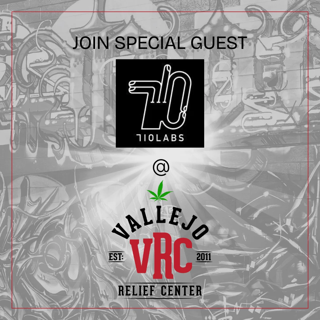 Event graphic reading "Join special guest" with the 710 Labs logo @ Vallejo Relief Center, on a graffiti background