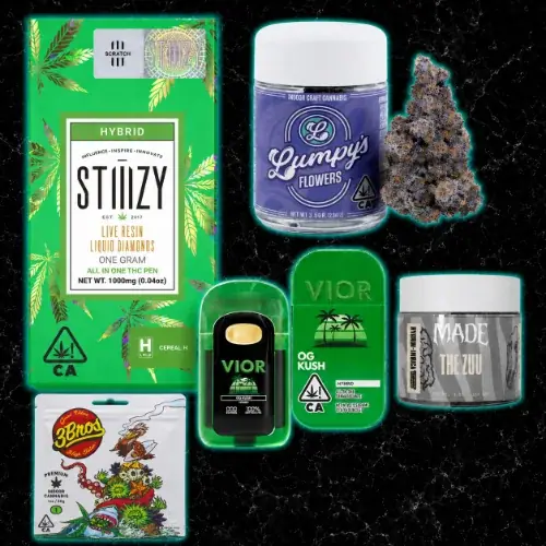 homepage-specials-slider-everyday-august-2026-3 Vallejo Relief Center everyday cannabis specials featuring STIIIZY live resin, Lumpy’s flower, Vior OG Kush vapes, MADE The Zuu flower, and 3Bros flower.