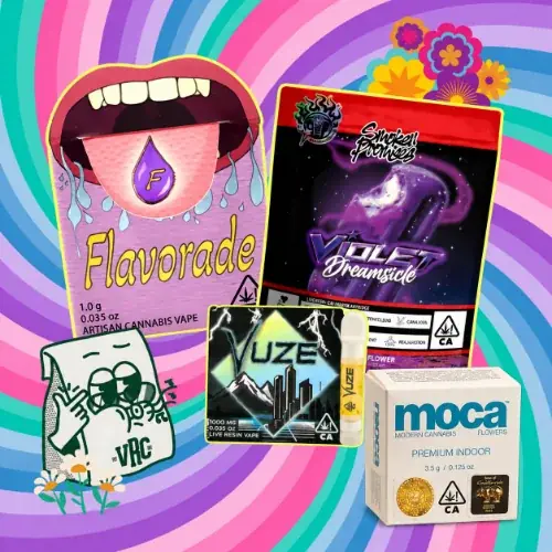 homepage-specials-slider-wednesdays-august-2026-2 Vallejo Relief Center Wednesday cannabis specials featuring Flavorade and Vuze vapes, Smoken Promises flower, and MOCA premium indoor flower.