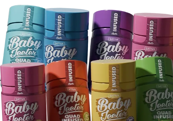 landing-page-baby-jeeter-image-2 Assorted Baby Jeeter infused pre-roll packs in multiple colors, labeled Sativa Baby Jeeter quad infused, displayed together to showcase different cannabis strain options.