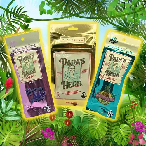 landing-page-vrc-papas-herb-product-highlights-2 Papa’s Herb vape cartridges including Blue Dream, Pineapple Express, and Grape Disposable displayed with tropical leaves background – available at Vallejo Relief Center.