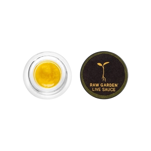 An open jar of Raw Garden Live Sauce beside its branded lid