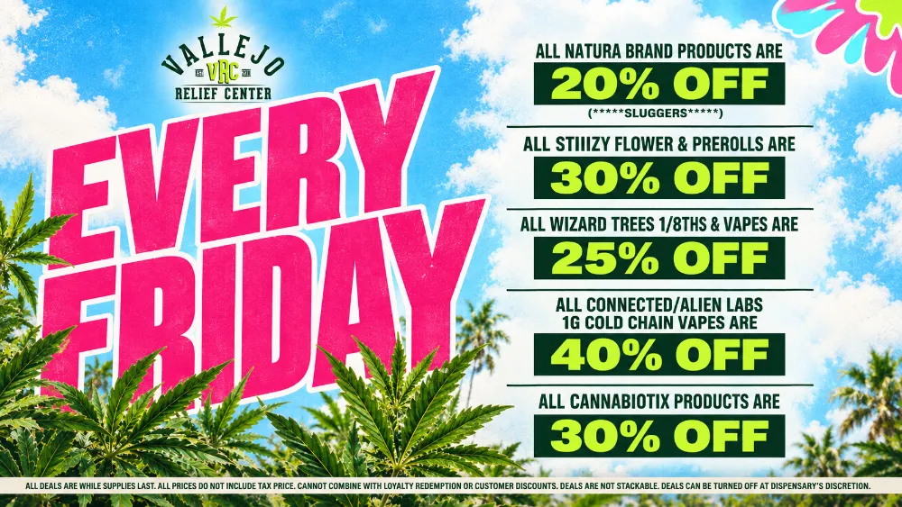 specials-fridays-september-2026 Vallejo Relief Center Friday cannabis deals featuring Natura brand products 20% off, STIIIZY flower and prerolls 30% off, Wizard Trees eighths and vapes 25% off, Connected and Alien Labs Cold Chain vapes 40% off, and Cannabiotix products 30% off.