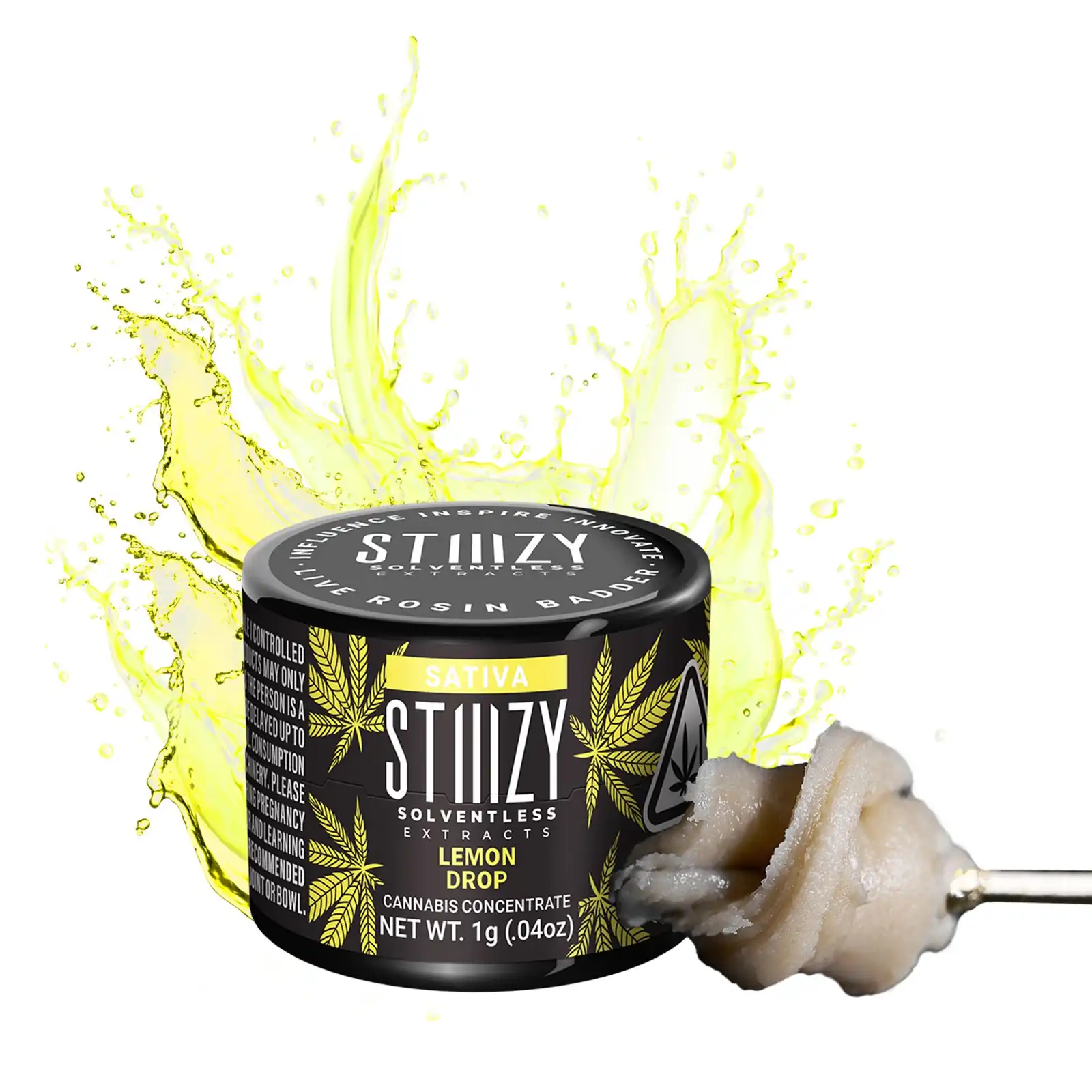 STIIIZY Lemon Drop Live Rosin Badder tin with a dab tool holding a piece of the whipped concentrate, splashed with a yellow lemon-themed graphic