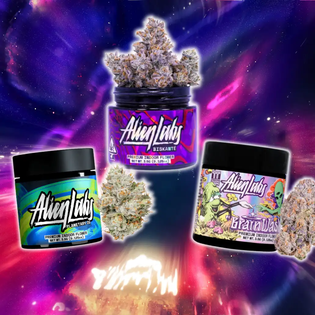 vrc-alienlabs-product-highlights Alien Labs Biskanté, Planetary OG, and BrainWash flower jars displayed against a purple and pink cosmic background, with loose cannabis buds beside each jar, sold at Vallejo Relief Center.