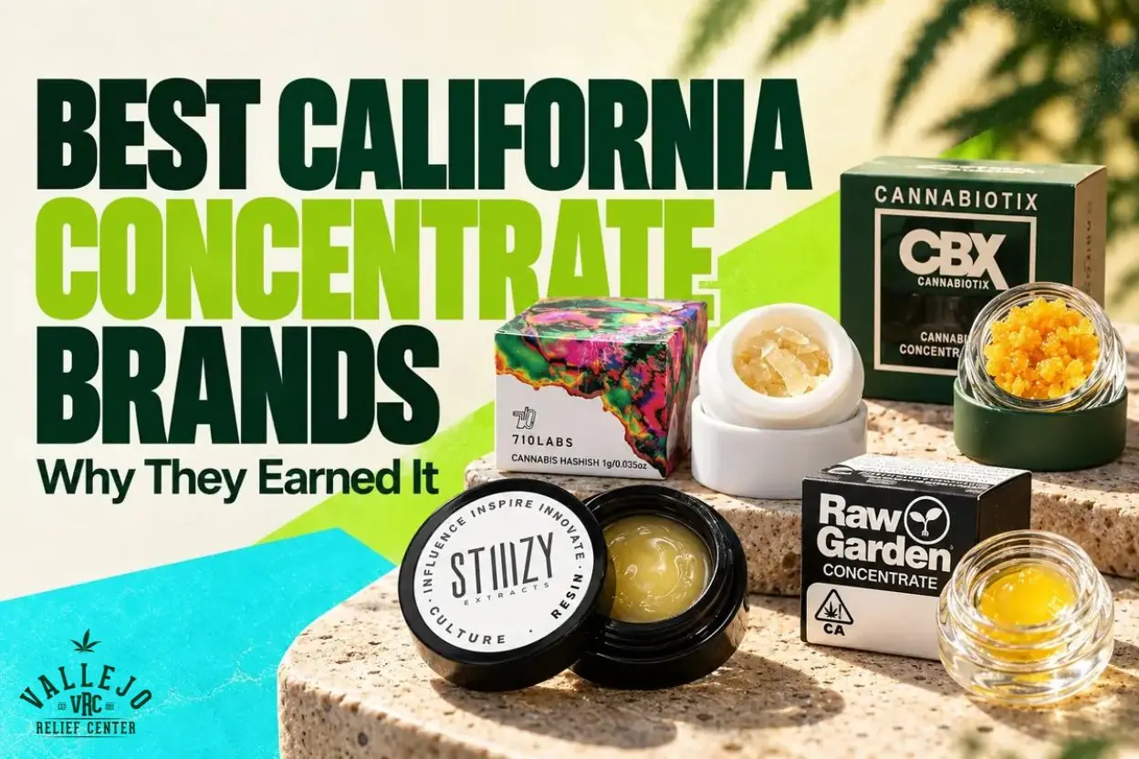 vrc-best-california-concentrate-brands-hero-image Concentrate jars and packaging from STIIIZY, 710 Labs, Raw Garden, and Cannabiotix arranged on stone pedestals in warm natural light and VRC logo in the corner