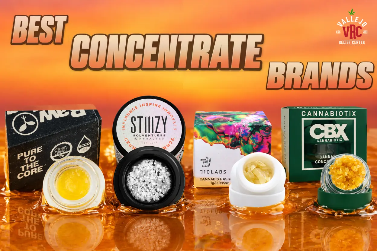 vrc-best-concentrate-brands-hero-image Four cannabis concentrate products from 710 Labs, STIIIZY, Raw Garden, and Cannabiotix displayed over a California sunset background with "Best Concentrate Brands" text