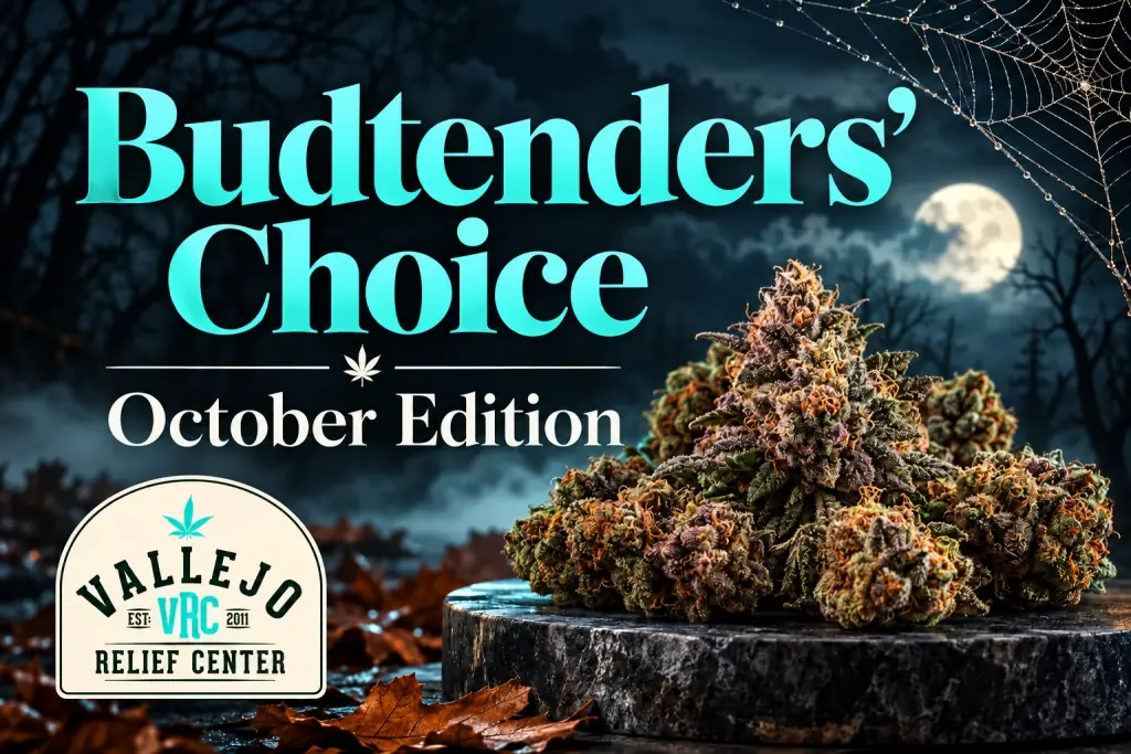 vrc-budtenders-picks-october-2026-hero Budtenders' Choice October Edition banner for Vallejo Relief Center, with cannabis buds on a stone slab under a full moon and a spiderweb