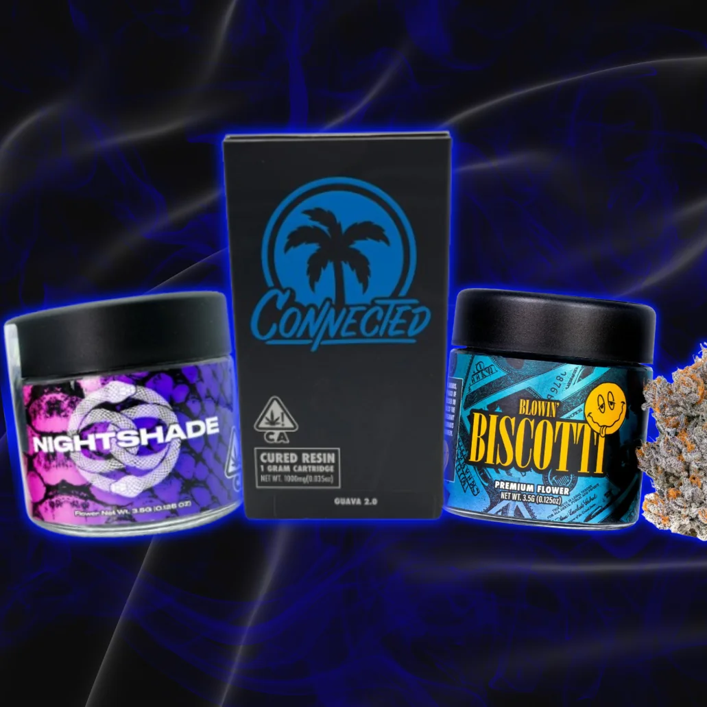 vrc-connected-featured-products Three Connected cannabis products on a dark smoky background: a purple Nightshade flower jar, a Guava 2.0 cured resin cartridge box, and a Blowin' Biscotti flower jar with a bud beside it