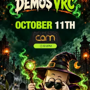 Wizard VRC mascot holding a glowing staff in a misty graveyard, promoting the CAM demo on October 11th, 12 to 2PM