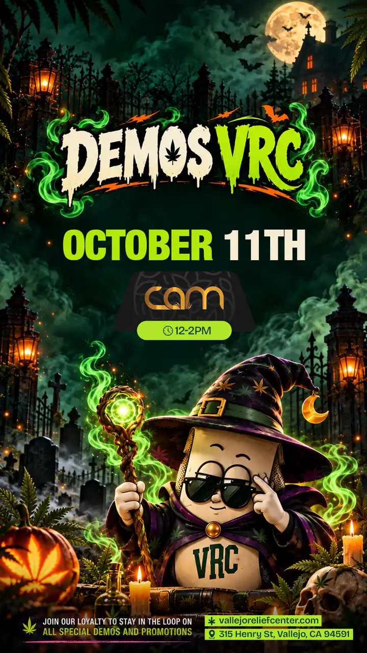 Wizard VRC mascot holding a glowing staff in a misty graveyard, promoting the CAM demo on October 11th, 12 to 2PM