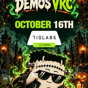 October 16th 710 Labs demo from 3–6PM, shown above the VRC mascot in green-haired Frankenstein costume