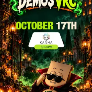 Kanha demo graphic for October 17th, 3 to 5PM, with the VRC mascot in a Dracula cape and fangs beside a gothic castle