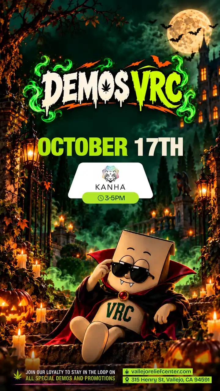 Kanha demo graphic for October 17th, 3 to 5PM, with the VRC mascot in a Dracula cape and fangs beside a gothic castle