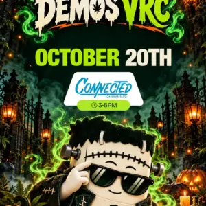 Haunted gate scene announcing Connected Cannabis Co. at VRC on October 20th from 3–5PM, featuring a Frankenstein VRC mascot