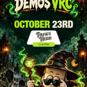 Papa's Herb returns to Vallejo Relief Center on October 23rd for a 4–7PM demo, shown with a wizard-hatted VRC mascot and crescent moon charm