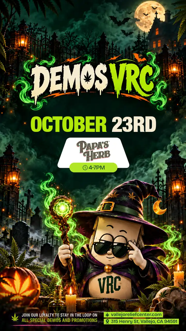 Papa's Herb returns to Vallejo Relief Center on October 23rd for a 4–7PM demo, shown with a wizard-hatted VRC mascot and crescent moon charm