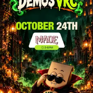 Vampire VRC mascot reclining on stone steps under a full moon, promoting MADE's October 24th demo from 3 to 6PM