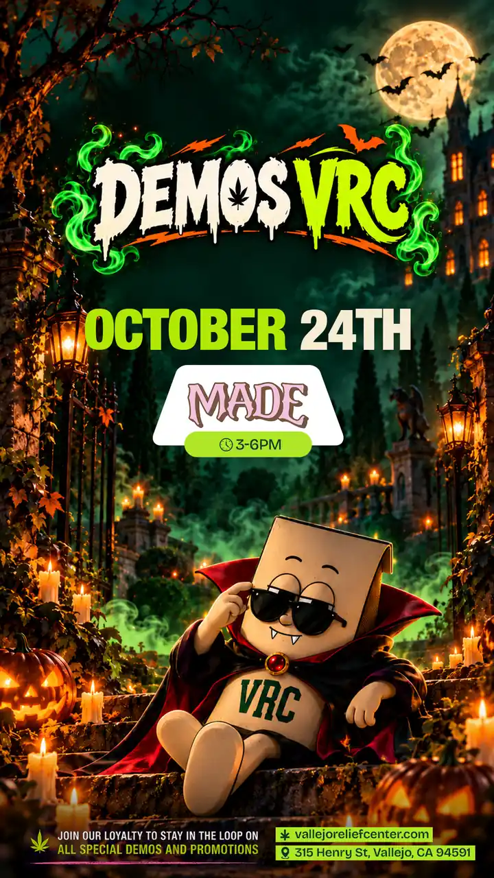 Vampire VRC mascot reclining on stone steps under a full moon, promoting MADE's October 24th demo from 3 to 6PM