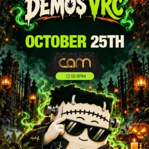 CAM demo at VRC on October 25th, 12–2PM, featuring a grinning Frankenstein mascot with bolts and sunglasses