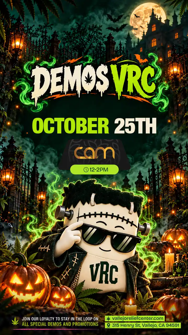 CAM demo at VRC on October 25th, 12–2PM, featuring a grinning Frankenstein mascot with bolts and sunglasses