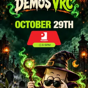 Preferred Gardens demo on October 29th from 3–6PM at Vallejo Relief Center, with the VRC mascot as a wizard casting green smoke