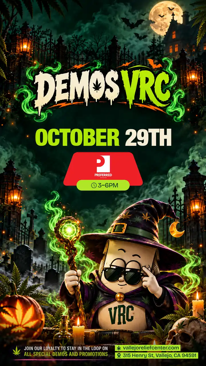 Preferred Gardens demo on October 29th from 3–6PM at Vallejo Relief Center, with the VRC mascot as a wizard casting green smoke