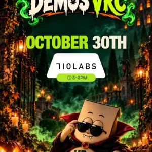 Dracula-costumed VRC mascot tipping his sunglasses beside the 710 Labs demo details for October 30th, 3 to 6PM