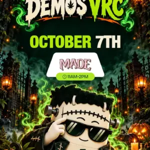 MADE brand demo at Vallejo Relief Center on October 7th from 11AM to 2PM, with the VRC mascot dressed as Frankenstein's monster among glowing jack-o'-lanterns