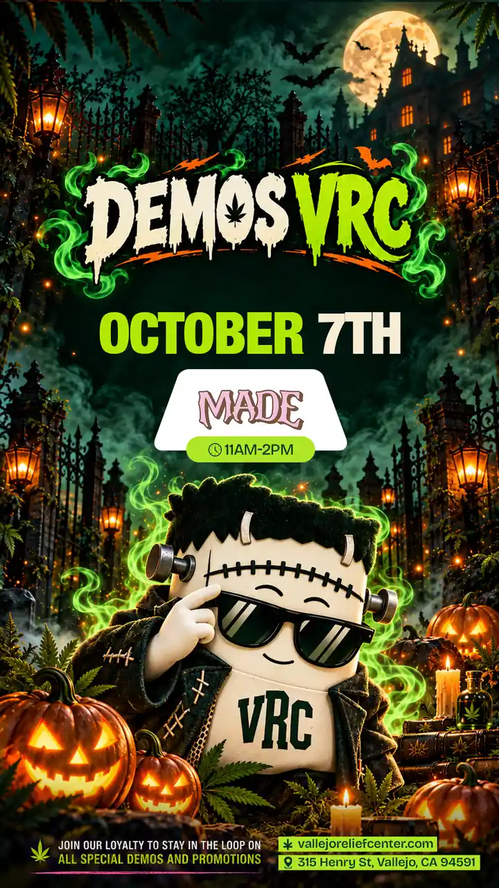 MADE brand demo at Vallejo Relief Center on October 7th from 11AM to 2PM, with the VRC mascot dressed as Frankenstein's monster among glowing jack-o'-lanterns