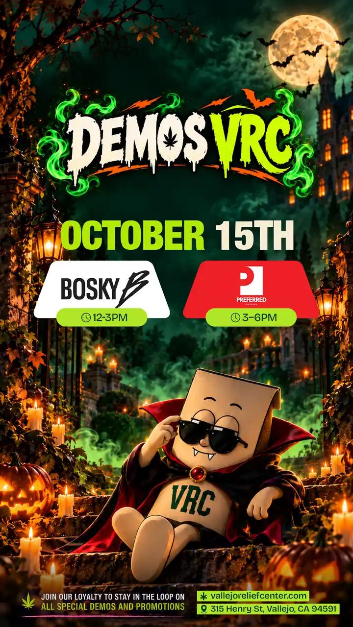 Bosky demos from 12–3PM and Preferred Gardens follows from 3–6PM on October 15th at Vallejo Relief Center, with the vampire VRC mascot lounging by candlelight