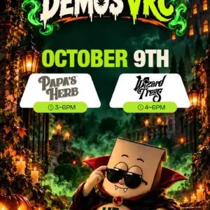 Double demo day on October 9th featuring Papa's Herb from 3–6PM and Wizard Trees from 4–6PM, with a vampire-caped VRC mascot lounging on candlelit steps