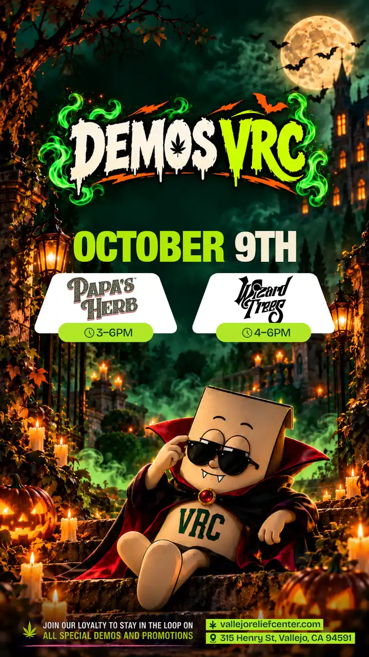 Double demo day on October 9th featuring Papa's Herb from 3–6PM and Wizard Trees from 4–6PM, with a vampire-caped VRC mascot lounging on candlelit steps