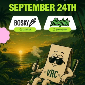 Dual-brand VRC demo flyer for September 24th listing Bosky (12-3PM) and Alien Labs (3PM-5PM), the bag mascot relaxes in a chair vaping at golden-hour sunset over the ocean