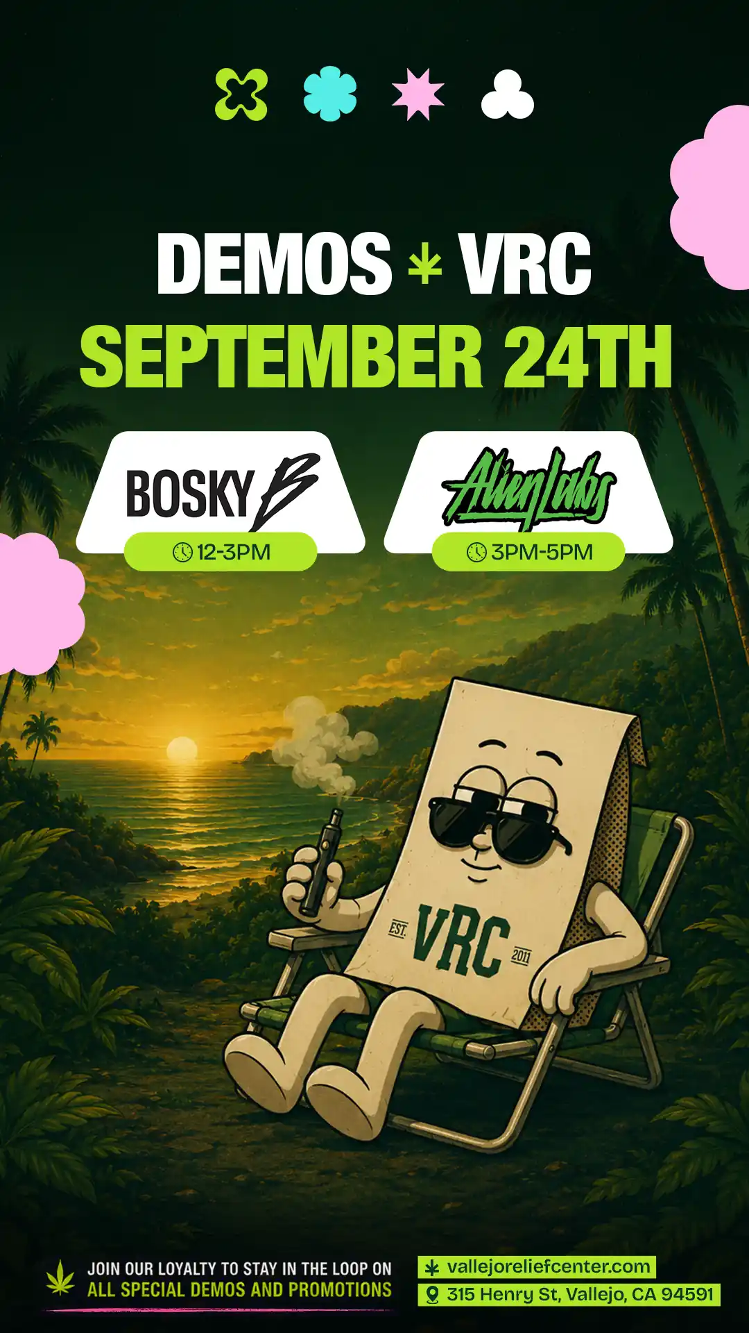 Dual-brand VRC demo flyer for September 24th listing Bosky (12-3PM) and Alien Labs (3PM-5PM), the bag mascot relaxes in a chair vaping at golden-hour sunset over the ocean