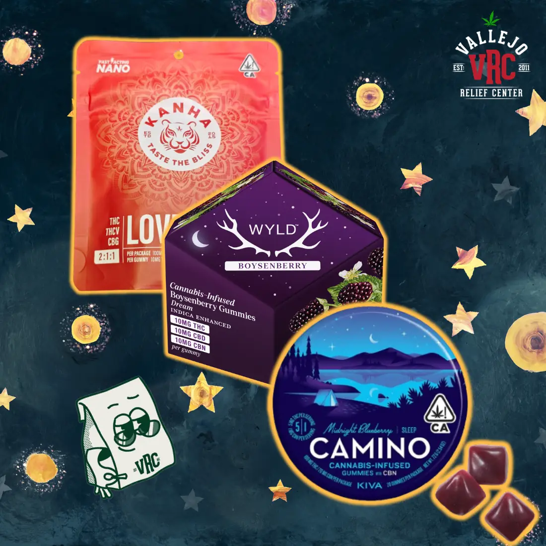 vrc-edibles-landing-featured-products Three cannabis edible packages on a starry night-sky background: Kanha Love nano gummies, WYLD Boysenberry gummies, and Camino Midnight Blueberry sleep gummies, with loose gummy pieces beside them, available at VRC