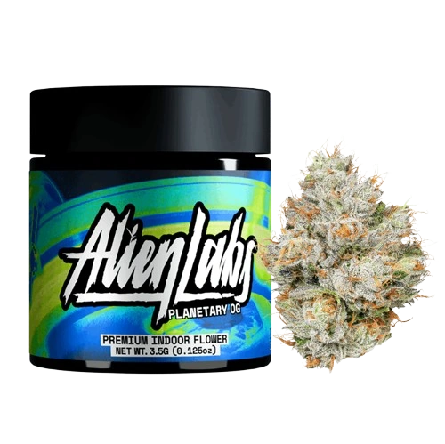 Alien Labs Planetary OG indoor cannabis flower jar with flower bud on the side