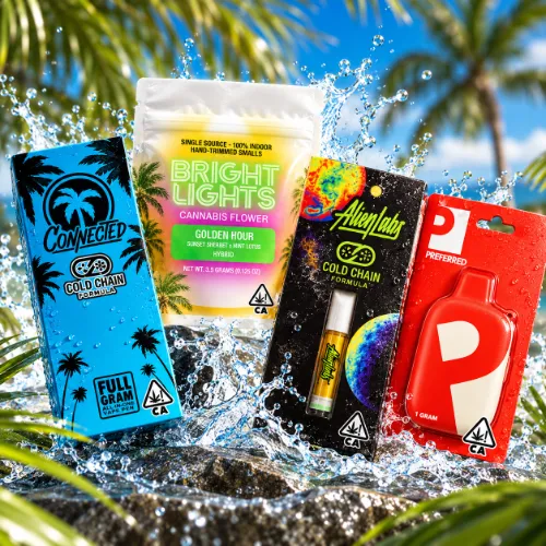 homepage-specials-slider-mondays-oct-2026 Vallejo Relief Center Monday cannabis specials featuring Bright Lights flower, Connected and Alien Labs Cold Chain vapes, and Preferred Gardens vape products.