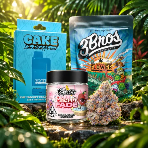 homepage-specials-slider-tuesdays-oct-2026 Vallejo Relief Center Tuesday cannabis specials featuring Cake vape products, Connected Cherry Fade flower, and 3Bros cannabis flower.