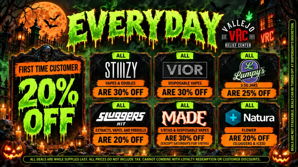specials-everyday-halloween-2026 Everyday Halloween deals at VRC: 20% off for first-time customers, plus daily discounts on STIIIZY, Vior, Lumpy's, Sluggers, Made and Natura.