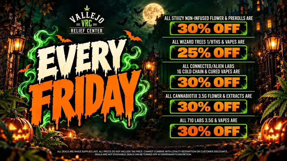 specials-fridays-halloween-2026 VRC's Halloween Friday at a lantern-lit cemetery gate: Wizard Trees 1/8ths and vapes 25% off, plus 30% off STIIIZY, Connected and Alien Labs vapes, Cannabiotix, and 710 Labs.