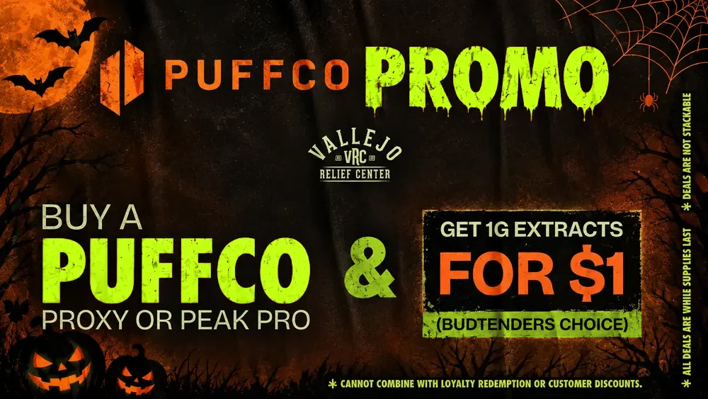 specials-puffco-october-halloween-2026 Puffco promo at Vallejo Relief Center: buy a Puffco Proxy or Peak Pro and get 1G extracts for $1, budtender’s choice, shown in lime and orange Halloween lettering with jack-o’-lanterns and bats
