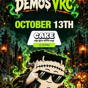 Cake comes to Vallejo Relief Center on October 13th for a 4–7PM in-store demo, announced by the stitched-up Frankenstein VRC mascot