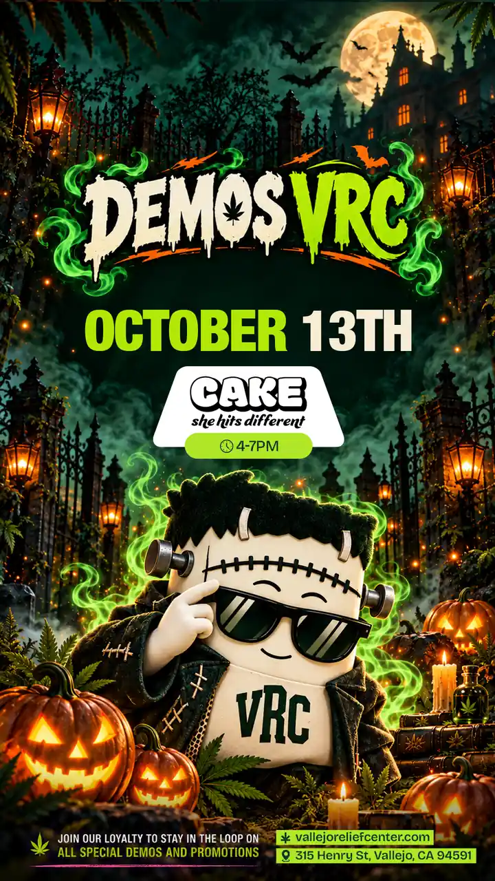 Cake comes to Vallejo Relief Center on October 13th for a 4–7PM in-store demo, announced by the stitched-up Frankenstein VRC mascot