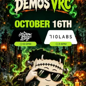 Back-to-back demos at Vallejo Relief Center on October 16th: a special guest brand from 12–2PM, then 710 Labs from 3–6PM, with the Frankenstein VRC mascot grinning among glowing pumpkins