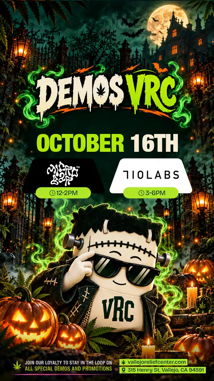 Back-to-back demos at Vallejo Relief Center on October 16th: a special guest brand from 12–2PM, then 710 Labs from 3–6PM, with the Frankenstein VRC mascot grinning among glowing pumpkins