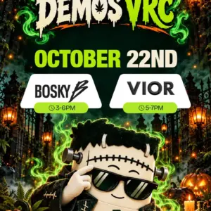 Bosky from 3 to 6PM and VIOR from 5 to 7PM at Vallejo Relief Center on October 22nd, with the Frankenstein VRC mascot among glowing jack-o’-lanterns
