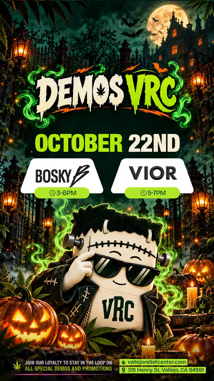 Bosky from 3 to 6PM and VIOR from 5 to 7PM at Vallejo Relief Center on October 22nd, with the Frankenstein VRC mascot among glowing jack-o’-lanterns
