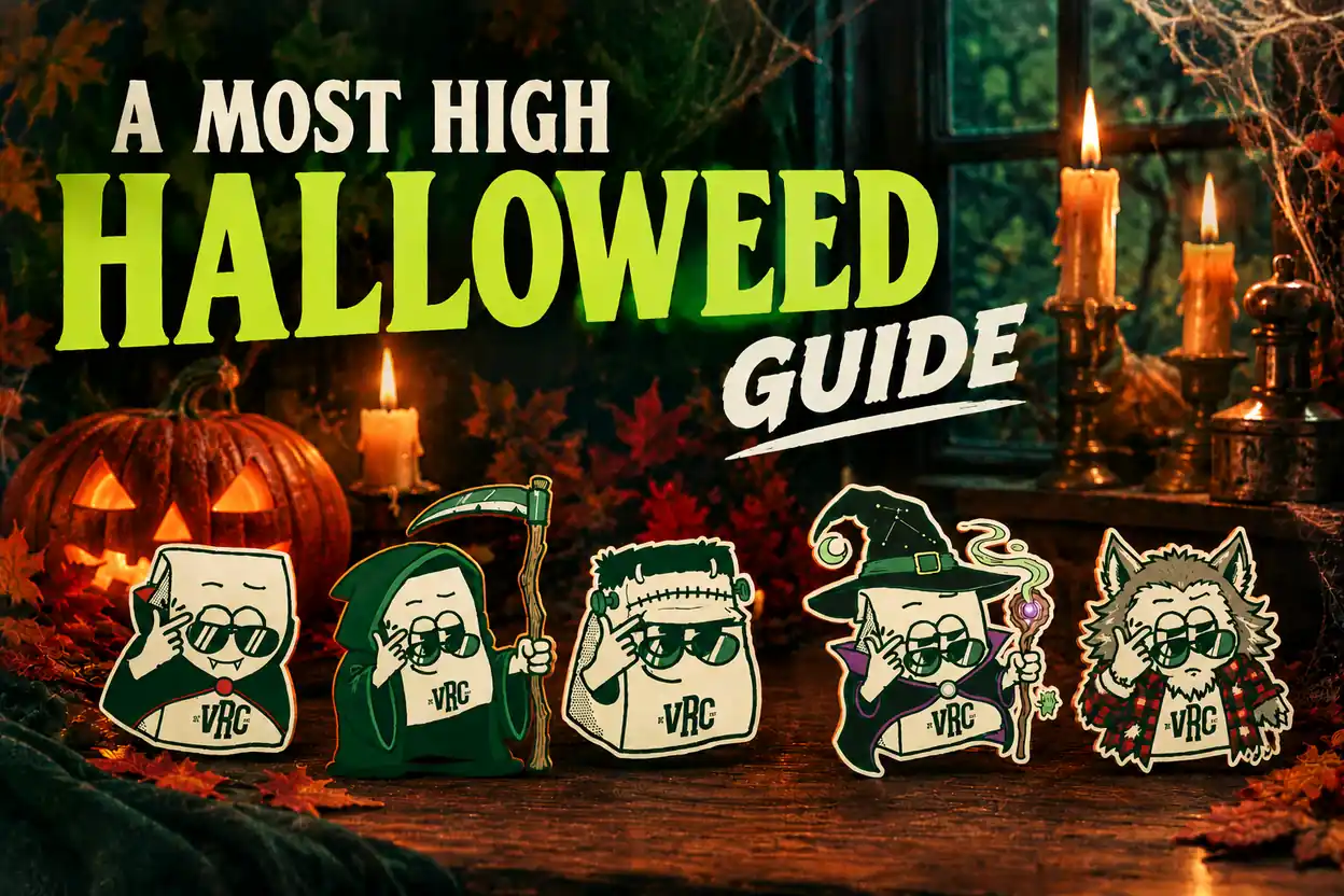 vrc-most-high-halloweed-guide-hero-image Candlelit Halloween table lined with five VRC mascot stickers in vampire, grim reaper, Frankenstein, wizard, and werewolf costumes, with a glowing jack-o’-lantern and autumn leaves, for VRC’s A Most High Halloweed Guide